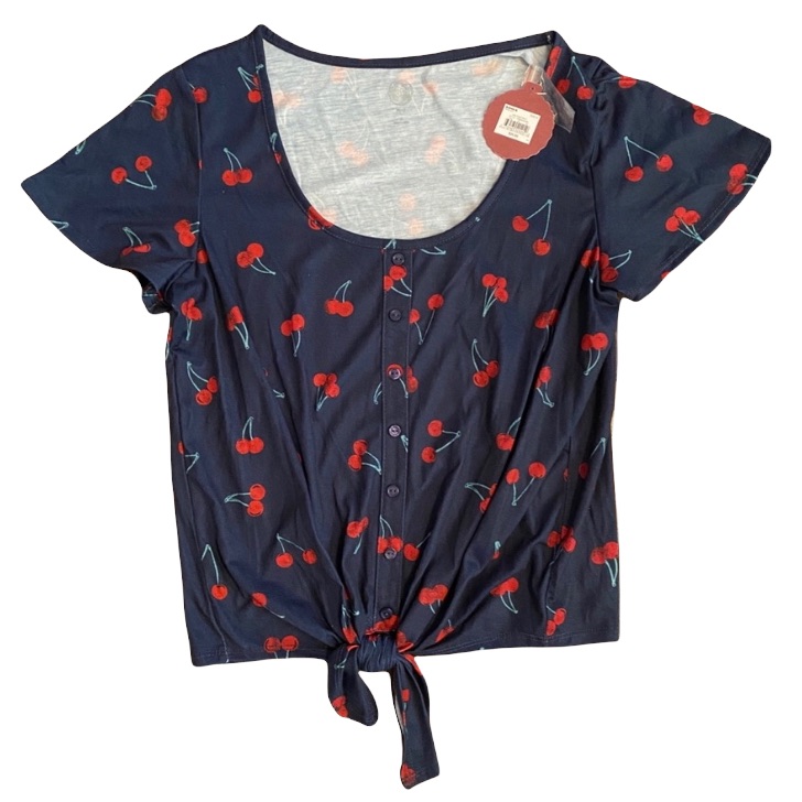 Navy Blue With Cherries Short Sleeve Button Front Tshirt